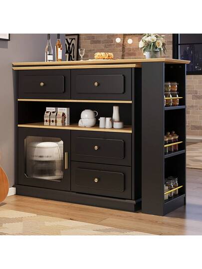 Moderne Bar Tafel Extendable, Rotatable 360 Degrees, Shelves Drawers, High Kitchen Isl Sideboard Cabinet Glass, Dining Room Living