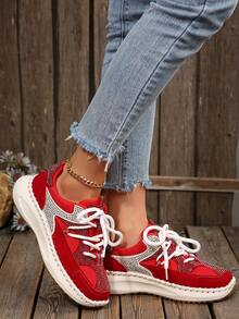 女士休闲运动鞋，红色绒面厚底鞋，时尚水钻装饰，舒适百搭，轻便