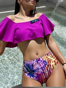 Conjunto de bikini bohemio con volantes y hombros descubiertos para mujer, traje de baño de cintura alta, tejido elástico medio, bonito traje de baño - Lila Púrpura - Ver 7