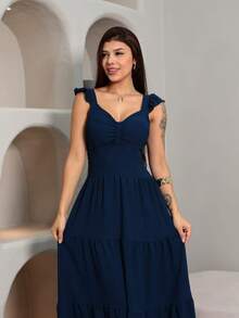 Duna Luxury Midi Dress, Plain, Gathered, With Ruffle On The Sleeve - Màu xanh hải quân - Xem 5