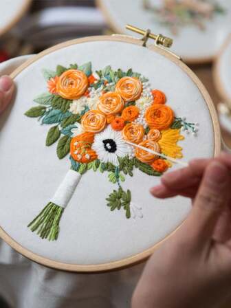 2pcs European Style DIY Hand Embroidery Kit, Includes 6-Inch Faux Bamboo Embroidery Hoop, Fresh Bouquet Series, Beginner Embroidery Starter Set