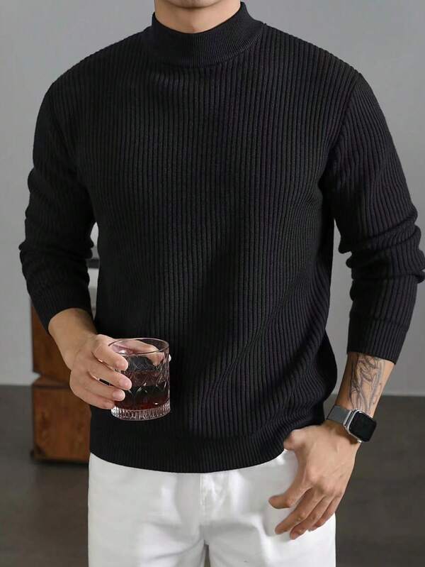 كنزة صوفية كاجوال محبوكة بياقة عالية للرجال، بأكمام طويلة