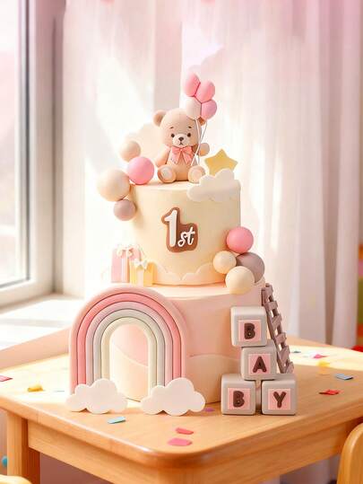 1pc Pink Bow Teddy Bear Soft Plush Doll, Cartoon Balloon Bear Cake Decor, Children's Birthday Party Dessert Table Decoration, Baby Shower Gift