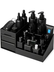 男士塑料收纳盒，女士多隔层展示柜，带两个深抽屉 - 理想的浴室收纳空间，可存放男士香水、除臭剂、胡须护理产品、剃须膏、护肤品和化妆品 - 送给爸爸/妈妈的完美生日礼物、节日礼物、女士礼物、圣诞礼物、女士礼物创意、房间装饰 - 彩色 - 查看 2