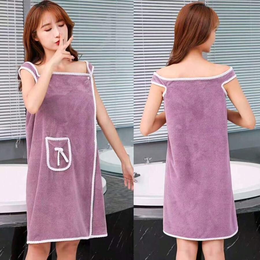 Unisex Bathrobe Towel With Strap And Pocket – Soft And Absorbent Microfiber (1.30m X 0.80m) - 紫色 - 查看 1