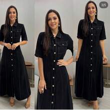 WOMEN'S MIDI DRESS, SENSORY TAILORING, ELEGANT BUTTONS. - 黑色 - 查看 2