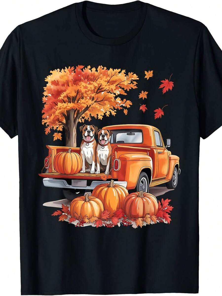 Boxer Dog Truck Pumpkin Autumn Fall Leaves Thanksgiving T-Shirt - Style 28 - View 1