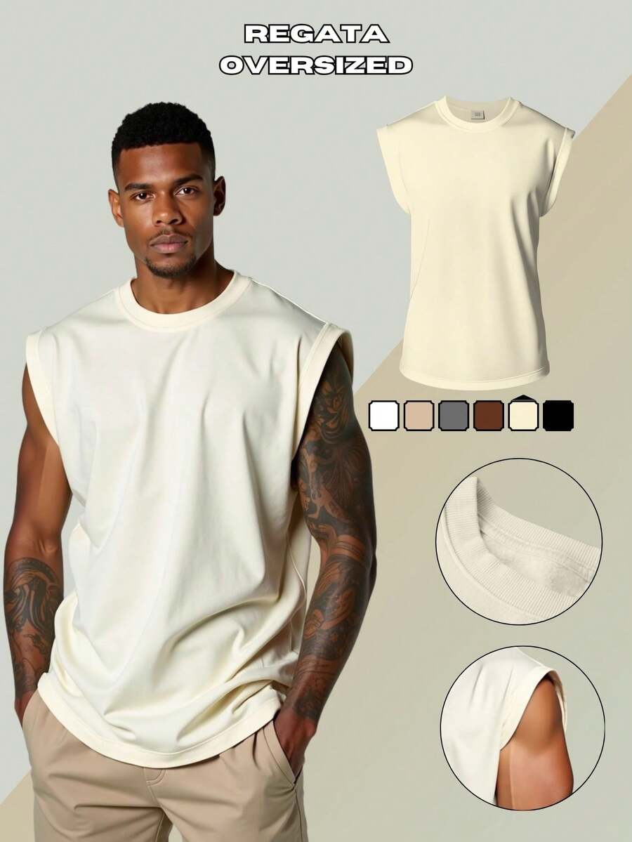 Men's Macho Tank Top, Low-Cut Bodybuilder Style, Workout Gym, 100% Premium Cotton - Champagne - View 1