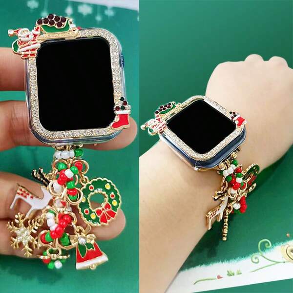 1pc Christmas Watch Band/Case Suitable For Apple Watch SE/8/7/6/5/4 Series 40/41mm And 44/45mm, Unique Hollow-Out Design With PC Hard Shell Material + Colorful Rhinestone Metal Frame For Multi-Layer Protection, Shock-Resistant, Touchscreen Compatible, Lightweight And Durable, Adjustable Band - Great Gift Accessory (Watch Case And Band Sold Separately)