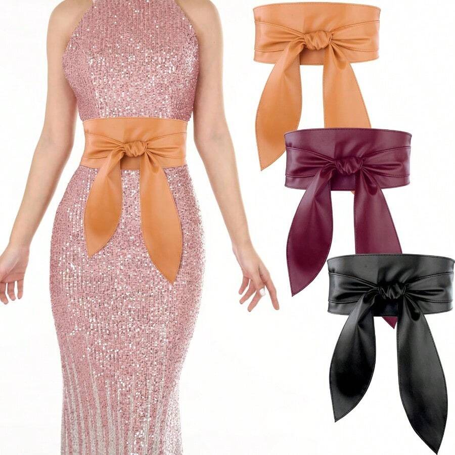 3 Pack Women Obi Belt Fashion PU Leather Wide Waistband Knotted Belt For Dress - Black+Brown+Burgundy+M: Fits Waist Size 25"-33" - View 1