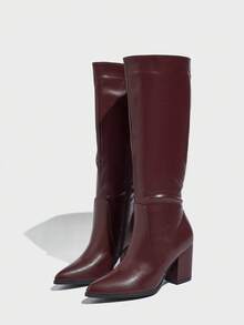 秋冬女士经典高筒靴，粗跟尖头高跟靴，侧拉链设计，保暖性感优雅舒适过膝长靴，酒红色 - 酒紅色 - 查看 6