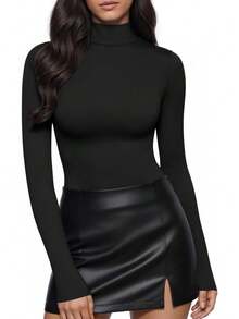 Womens Long Sleeve Body Suits Mock Turtleneck Thong Bodysuits Shirts Fall Going Out Tops Y2K 2026 - 一個黑色 - 查看 2