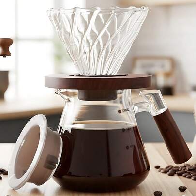 Juego de cafetera de goteo con escurridor de nogal, jarra de café de vidrio estándar de 13.5/20 onzas con mango y tapa de madera, cafetera de vidrio reutilizable, servidor de café de goteo manual para el hogar, la oficina y la cafetería, regalo ideal para el Día de Acción de Gracias y Navidad