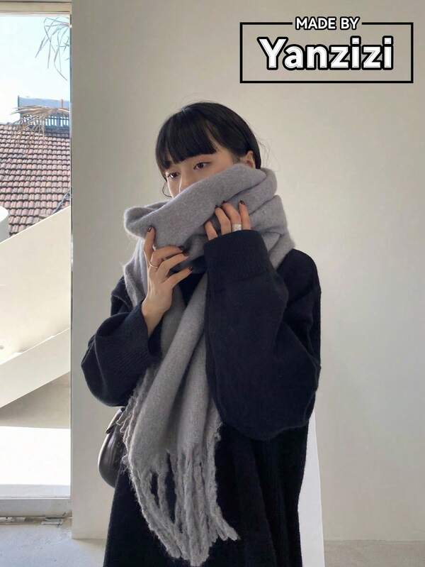 1pc Thick Solid Color Fluffy Tassel Scarf For Women, Warm Couple Shawl, Soft & Comfortable Blanket Scarf, Suitable For Daily Wear In Autumn/Winterscarfs