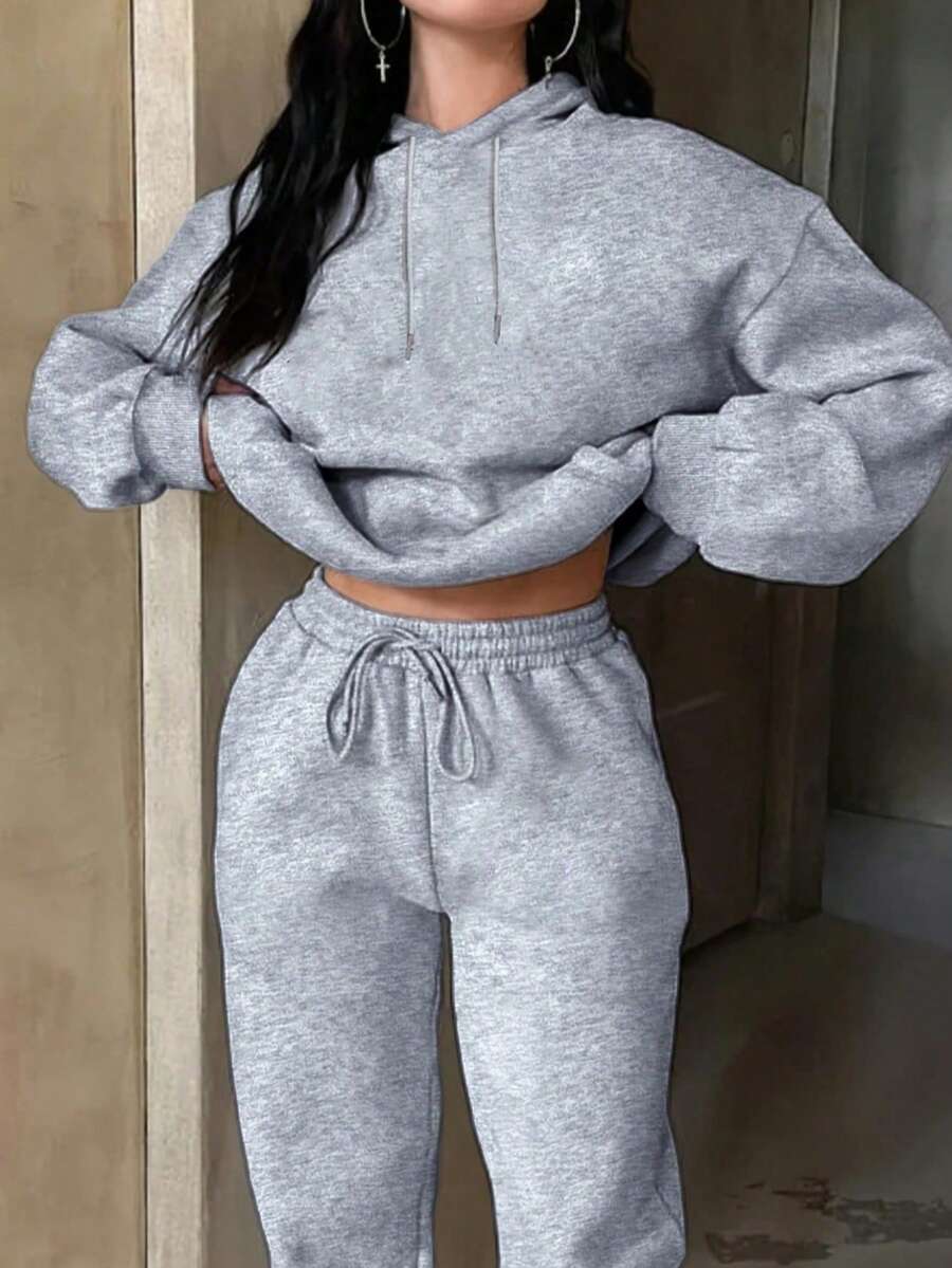 Set de 2 piezas de mujer con sudadera con capucha y pantalones de chándal de unicolor, para otoño/invierno - Gris - Ver 1