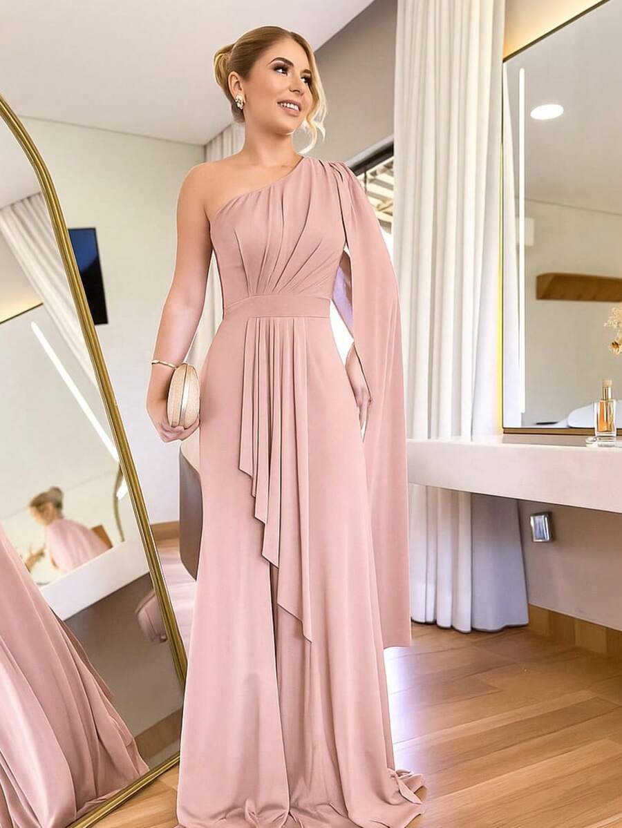 Women's Long Party Dress One Shoulder With Elegant Slit One Size M (Fits 38 To 42) Simple Elegant Party Beach Wedding, Bridesmaid And Graduation. - 乾枯玫瑰色 - 查看 1
