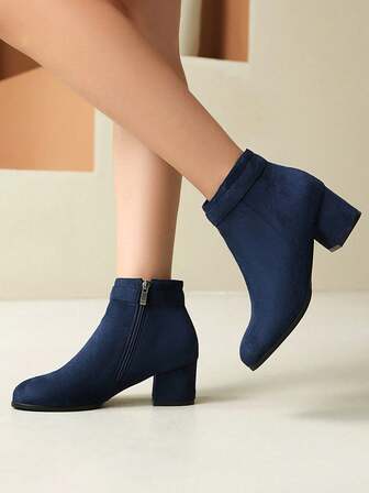 新款舒适软底粗跟一脚蹬踝靴，百搭高跟靴，软底高跟踝靴，优雅粗跟修身靴，靴子，低跟靴，女士时尚靴子