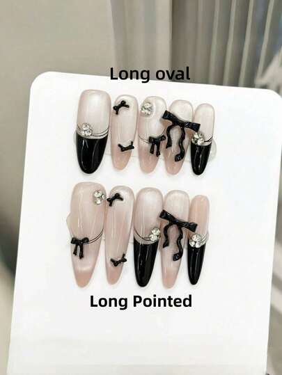 10pcs Handmade Nails Oval Nails Long Pointed Press On Nails Long, Elegant Black Pink Nails, Flashy Cateye, Black French Tip Nails, Handpainted Irregular Lines, Nail Gems 3D Bow Diamond Inlaid, Edgy Gentle Luxury Autumn Nails, Fall Press On Nails, Party Daily & Dating Use Beach Tropical Getaway Suitable,DIY False Nail Art Suitable For Women & Girls As Gift Nail Supplies