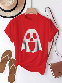 Camiseta Roja de Mujer con Diseño Espeluznante - 100% Cómoda y Casual, Estampado Blanco Sonriente & Fruncido, Minimalista para Todas las Temporadas e Ideal en Fiestas Halloween o Uso Diario. Cuello Redondo Suave Lavable a Máquina, Ajuste Relajado Geométrico Perfecto Para Capas Y Eventos Temáticos, Blusas y Tops para Mujer,Tops para Mujer,Camisetas para Mujer,Blusas para Mujer,Blusas y Tops para Mujer,Camisas para Mujer,Navidad,Camisetas para Mujer,Blusas para Mujer, - Rojo - Ver 2