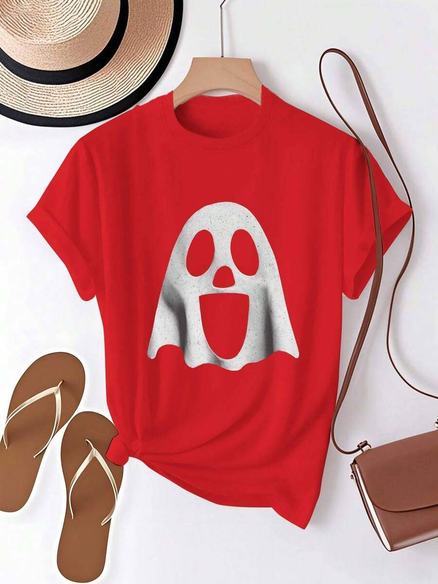 Camiseta Roja de Mujer con Diseño Espeluznante - 100% Cómoda y Casual, Estampado Blanco Sonriente & Fruncido, Minimalista para Todas las Temporadas e Ideal en Fiestas Halloween o Uso Diario. Cuello Redondo Suave Lavable a Máquina, Ajuste Relajado Geométrico Perfecto Para Capas Y Eventos Temáticos, Blusas y Tops para Mujer,Tops para Mujer,Camisetas para Mujer,Blusas para Mujer,Blusas y Tops para Mujer,Camisas para Mujer,Navidad,Camisetas para Mujer,Blusas para Mujer,