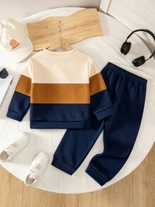 2pcs Toddler Boys' Casual Colorblock Letter Patch Long Sleeve Sweatshirt And Sports Pants Set