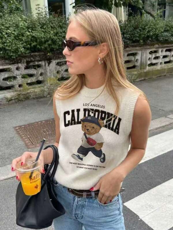 Spring And Summer New Round Neck Women Vest Bear Pattern Print ,White Summer T Shirts,Simple Stylish,Suitable For Commuting,Summer Women Tops