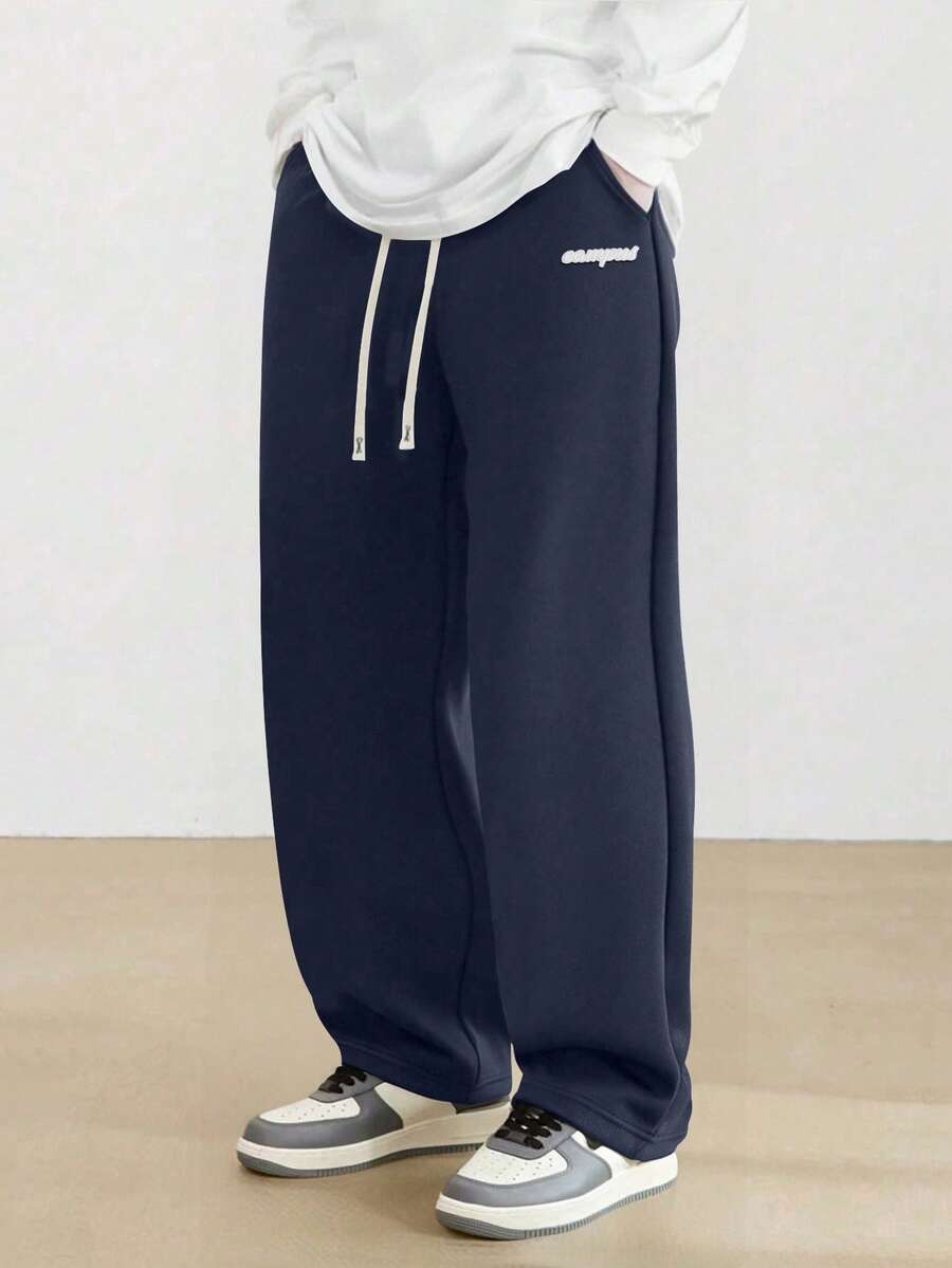 Men's Knitted Straight Leg Casual Pants, Minimalist Versatile Loose Fit Sweatpants For Spring And Autumn - Navy Blue - View 1