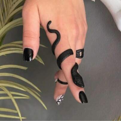 1pc Black Textured Snake Ring, Modern Rock Long Finger Ring, Zinc Alloy Punk Gothic Style, Gift For Her, Suitable For Daily Wear In All Seasons