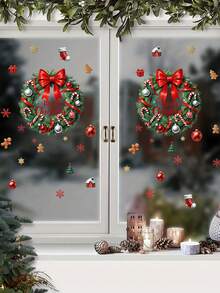 1 pieza Pegatinas navideñas de PVC 3D realistas y removibles con adhesivo doble cara - Corona con bastones de caramelo, hombre de jengibre, lazo rojo - Decoración DIY para puertas, espejos, paneles de vidrio