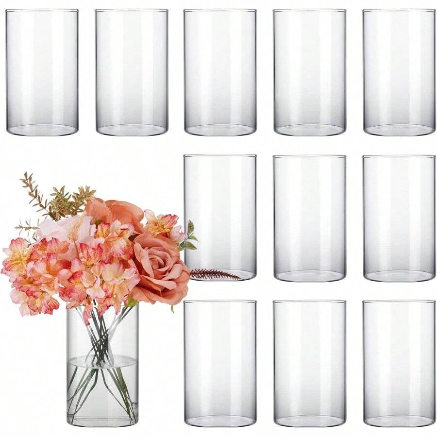 CUCUMI 12pcs Glass Cylinder Vases For Centerpieces Flower Vases Wedding Decorations 6 Inch Tall Glass Hurricane Candle Holder For Table Shelf Floral Vase Bulk For Home Decor - Clear - View 1