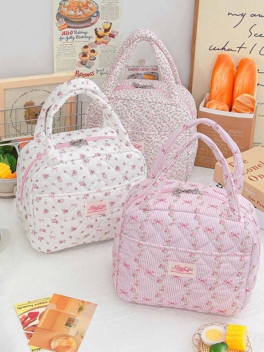 1 Piece Girls' Foam Quilted Lunch Bag Pink Floral Print Insulated Lunch Box Bag Large Capacity Travel Lunch Box Bag Reusable Insulated Lunch Bag Cute Strawberry Pattern Lunchbox Tote Bag Fruit Food Storage Bag With Bow Pendant Thermal Insulated Lunch Box Bento Pouch Bow&Strip Pattern Dinner Insulation Bag Portable Cooler Bag - Multicolor - View 1