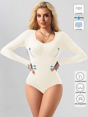 1pc Women's Black Seamless Crew Neck Long Sleeve Shapewear, Full Coverage Comfortable Bodysuit