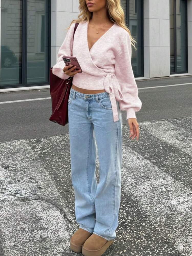 2025 Pull tricoté à nouer pour l'automne/l'hiver, blanc, indispensable pour les femmes à la maison, pour le trajet, les rendez-vous, les voyages, convient à diverses occasions, gris clair