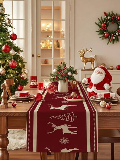 1 pieza Camino de mesa decorativo navideño, estampado de renos y árboles de Navidad, técnica de impresión digital, decoración de mesa navideña, múltiples opciones de tamaño, material similar al lino, adecuado para sala de estar, comedor, reuniones, fiestas