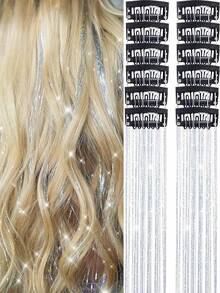 12 peças de extensões de cabelo sintético liso médio com presilha, ideal para festas e Natal. Extensões de cabelo loiro com fio metálico, 12 peças por pacote, 50 cm (20 polegadas) com glitter colorido, perfeitas para presentear em festas e ocasiões especiais. Acessórios de cabelo deslumbrantes para festas e ocasiões especiais. - Multicolorido - Ver 11