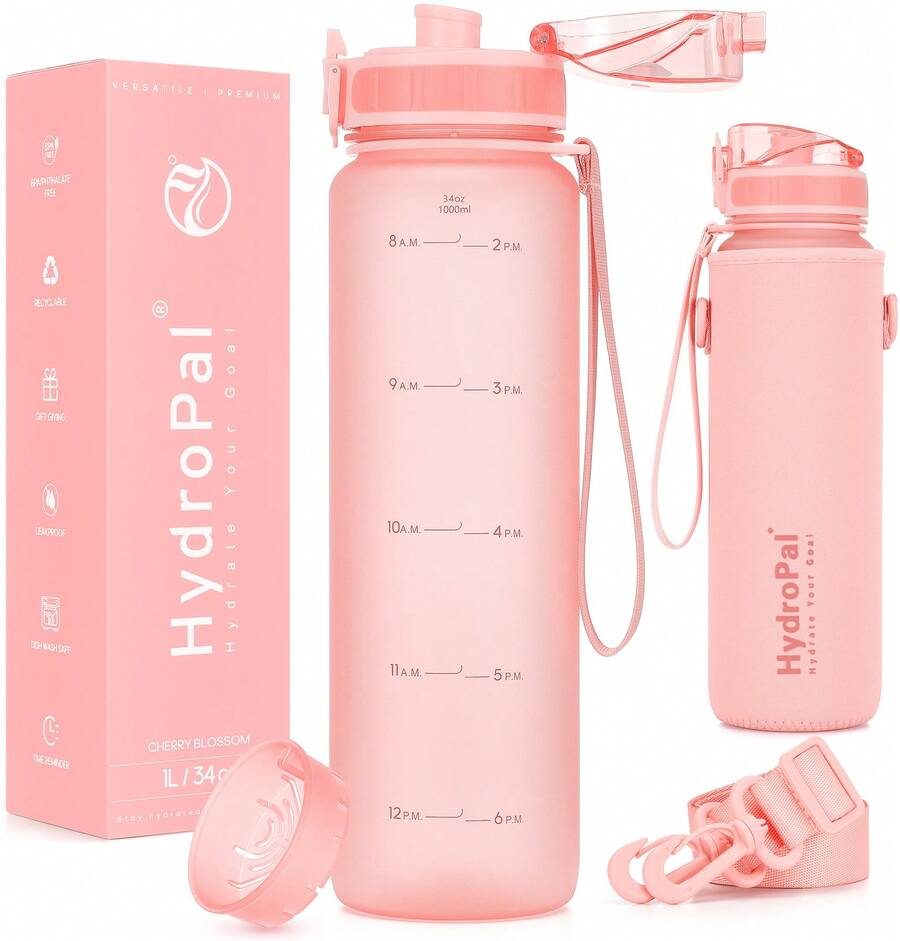 Unistar Water Bottle With Time Marker -Large 34 Oz Tritan Bottle & No Sweat Sleeve -Leak Proof Gym Sports Bottle With Fruit Infuser Strainer & Carrying Strap - Gift Package For Christmas - 粉色 - 查看 1