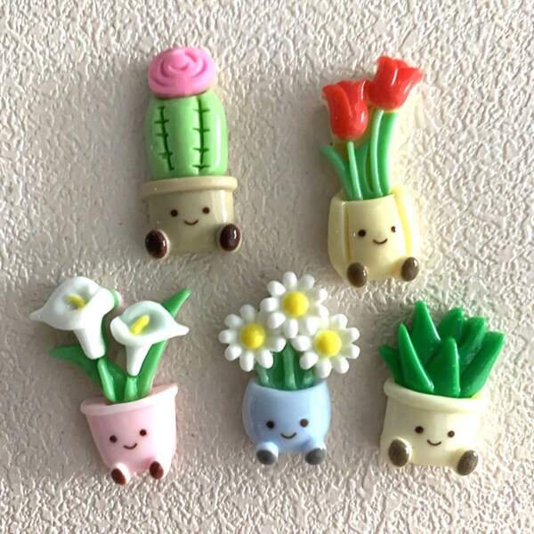 Set de 5 pegatinas magnéticas de plantas en maceta 3D, decoración creativa para múltiples escenarios, imanes de nevera con flores de dibujos animados, accesorios divertidos para la oficina y el hogar