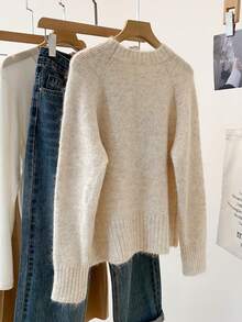 蝴蝶结针织套头衫，罗纹圆领可爱女式毛衣，秋季 - 米色 - 查看 4