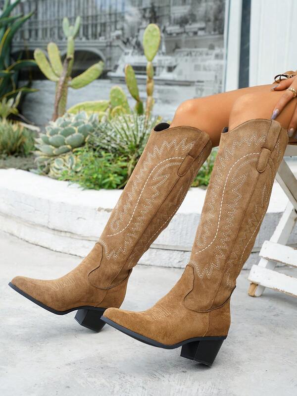New Fashionable Pointed Toe Over-The-Knee Boots/Chunky Heel Riding Boots/Western Embroidered Boots/Retro Over-The-Knee Boots