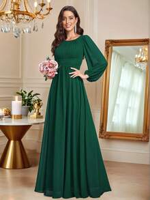 优雅雪纺圆领灯笼袖长袖深绿色伴娘礼服，适合特殊场合、盛会、婚礼宾客等。 - 墨綠色 - 查看 6
