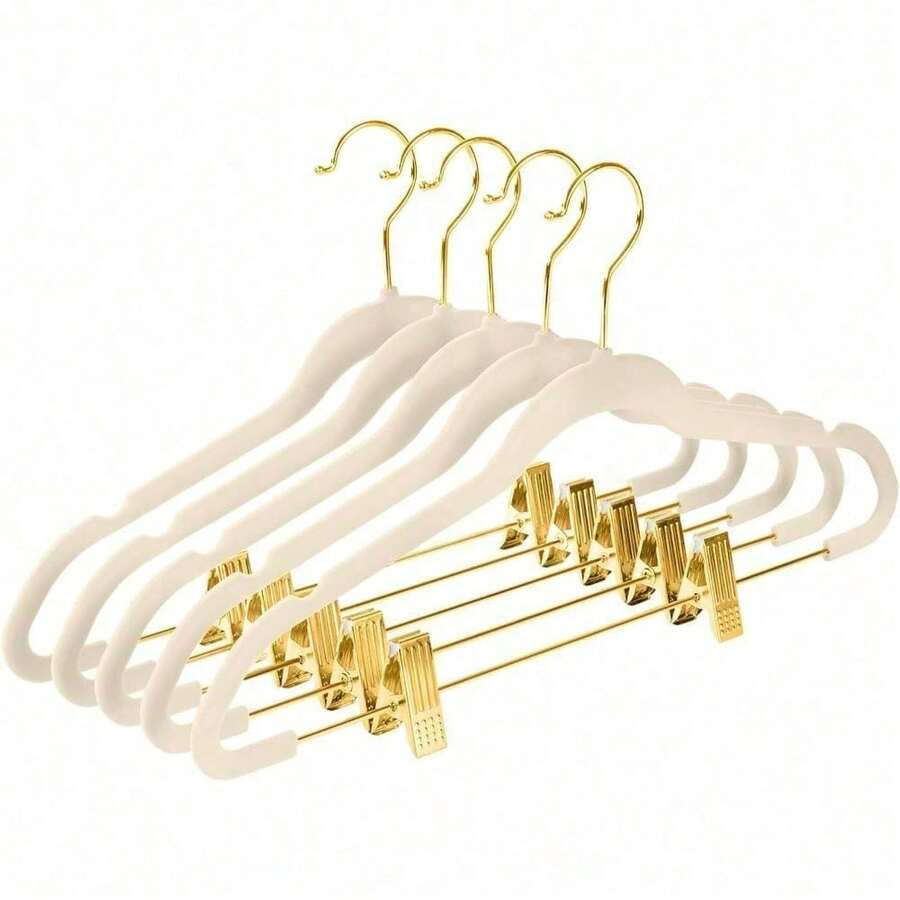 Premium All Black Velvet Pants Hangers With Adjustable Clips (Pack Of 20) Slim Skirt Hangers- Non Slip Felt Outfit Dress- Black Hooks,Space Saving Shirt Clothes -END - 象牙色/金色 - 查看 1