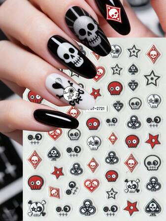 1pc Embossed Skull Nail Art Sticker, Cartoon Skull, Spade, Heart, Rhinestone Poker Pattern, Star & Geometric Design, Halloween Theme, Shiny Surface, Asymmetrical Shape, Perfect Gift For Women's Holiday Party