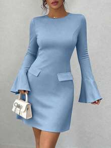 PRETTYGARDEN Women's Long Sleeve Elegant  Mini Dress Fall Bodycon Mock Neck Elegant Business Work Party Short Dresses New Years Valentine Vacation - 淺藍 - 查看 3