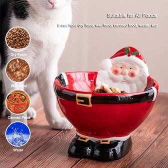 1個 フェスティブサンタ 高め PET用ボウル - セラミック製、首サポート、猫と犬に適しています