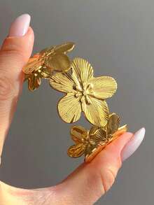 CHICVUE 1pc Fashion Retro Elegant Antique Coin Flower Metal Wide Cuff Bracelet, Adjustable Personalized Layered Wear Gold Bangle, Suitable For Women Summer Beach Party Music Festival Dating Gift Daily Matching Jewelry - Yellow Gold - View 8