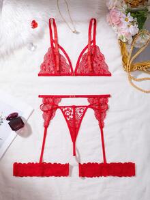 3件套女士红白蕾丝、透明、性感内衣套装 - 紅白色 - 查看 7