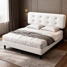 Cadre de lit 160x200 cm, lit Rembourré Blanc Cassé, Tête de lit Moelleuse, Réglable en Hauteur, Facile à Monter, Robuste et Stable (Matelas Non inclus) - Blanc - Voir 1