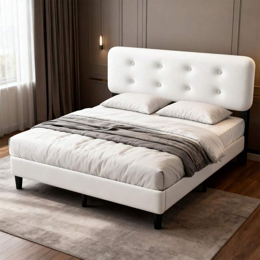 Cadre de lit 160x200 cm, lit Rembourré Blanc Cassé, Tête de lit Moelleuse, Réglable en Hauteur, Facile à Monter, Robuste et Stable (Matelas Non inclus) - Blanc - Voir 1