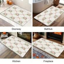 1pc Flannel Vintage Floral Bath Mat With Diamond Pattern, Pink Roses & Green Leaves, Non-Slip Plush Rug Soft Beige Background, Pink Ribbon Bow, Perfect For Bathroom, Kitchen, Bedroom, Or Entryway Decor, Bathroom Rug - 白色 - 查看 5