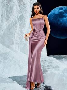 UNITHORSE Vestido elegante con tirantes finos y espalda descubierta, con diseño de pliegues y volantes en la parte delantera con diseño de espina de pescado, adecuado para vestido de noche - Rosa Oxidada - Ver 5